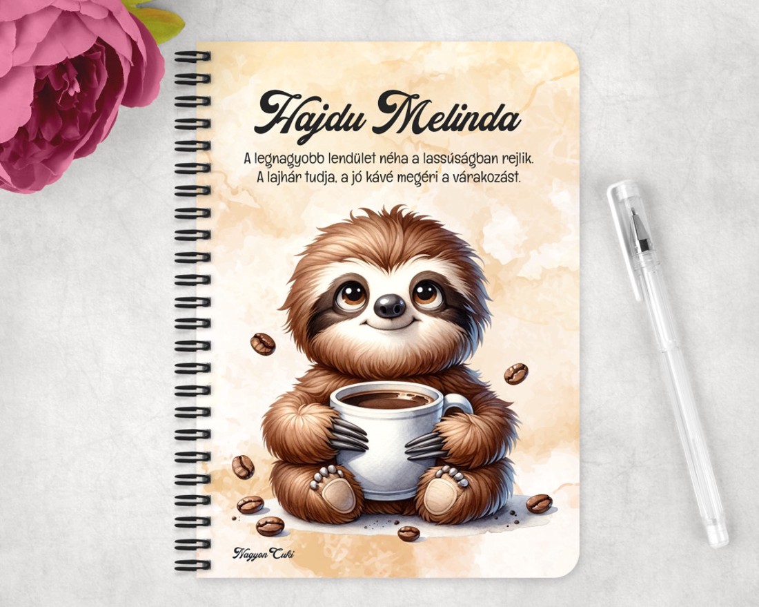 Személyre szabható - Lazulós Kávés lajhár mintás A6-os füzet - otthon & életmód - papír, írószer - jegyzetfüzet & napló - Meska.hu