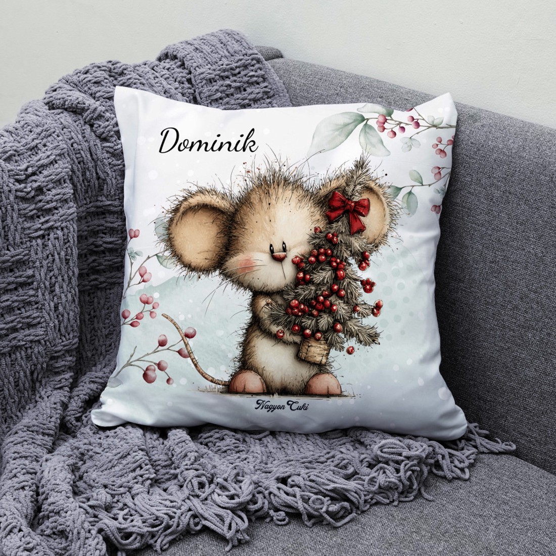 Névvel kérhető - Cuki téli kisegér mintás párna - otthon & életmód - lakástextil - párna & párnahuzat - díszpárna (belsővel együtt) - Meska.hu