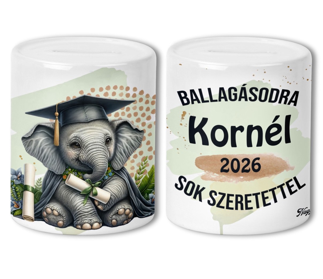Névvel kérhető Elefánt - 2026 évi Ballagásra mintás persely -  - Meska.hu