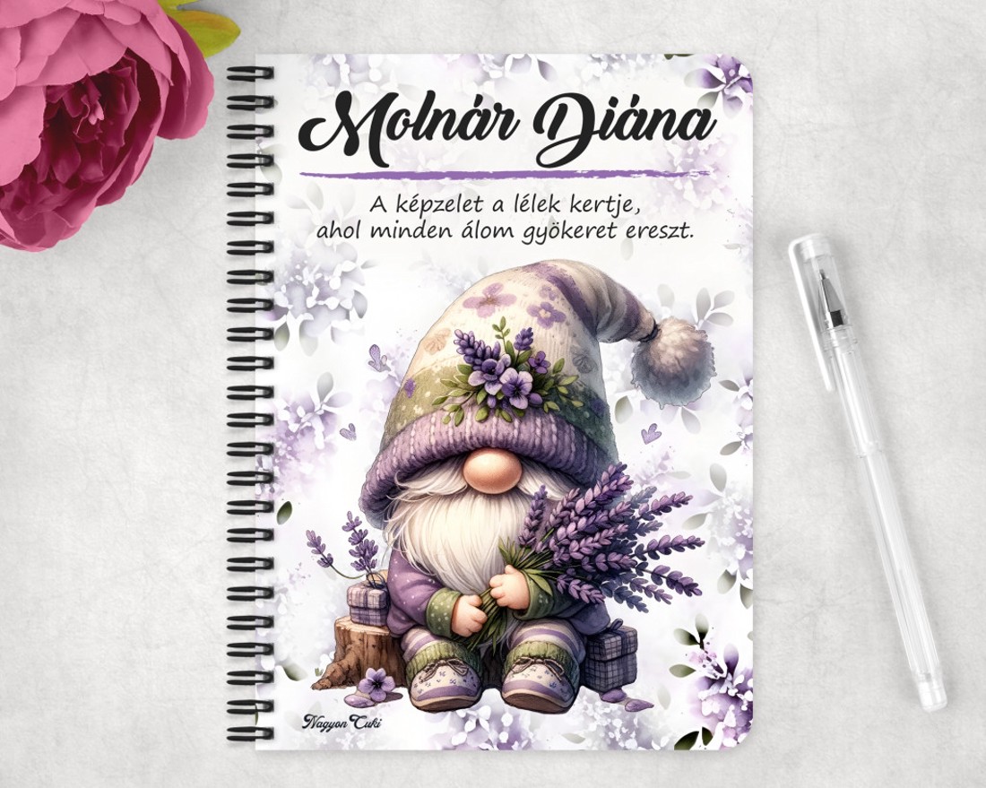 Személyre szabható - Cuki Levendulás manó mintás A5-ös füzet - otthon & életmód - papír, írószer - jegyzetfüzet & napló - Meska.hu