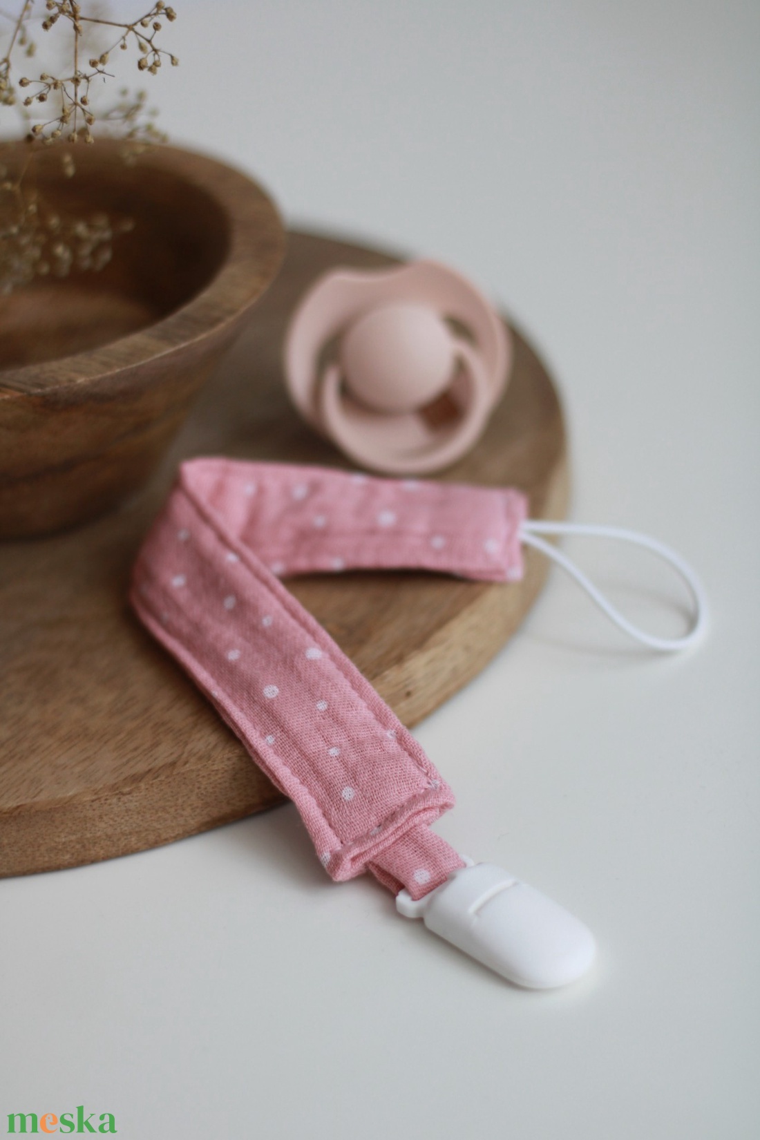 Rózsaszín pöttyös cumilánc - baba - mama - baba játékok - cumilánc - Meska.hu
