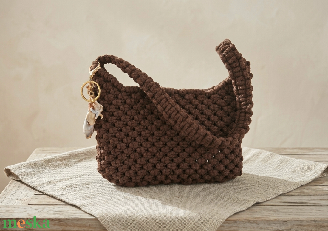 Sötétbarna makramé hobo minibag/minitáska kagylós dísszel - táska & tok - kézitáska & válltáska - válltáska - Meska.hu