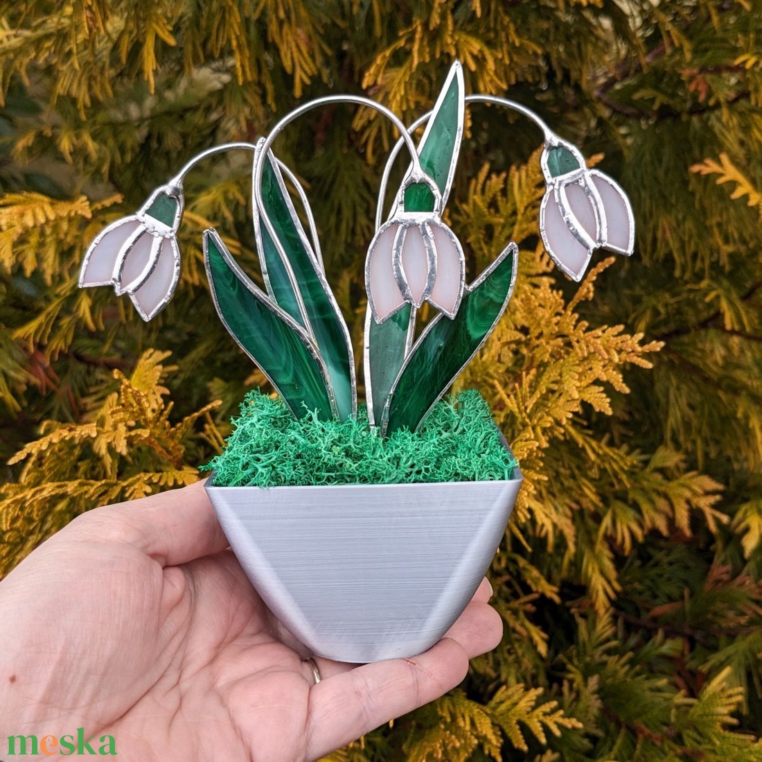 Hóvirág cserépben üveg örökvirág dekoráció - otthon & életmód - dekoráció - asztal és polc dekoráció - asztaldísz - Meska.hu