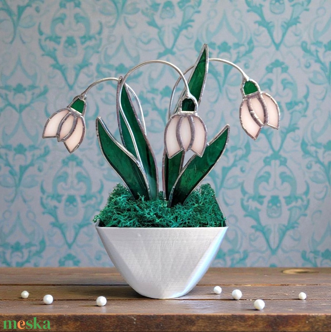 Hóvirág cserépben üveg örökvirág dekoráció - otthon & életmód - dekoráció - asztal és polc dekoráció - asztaldísz - Meska.hu