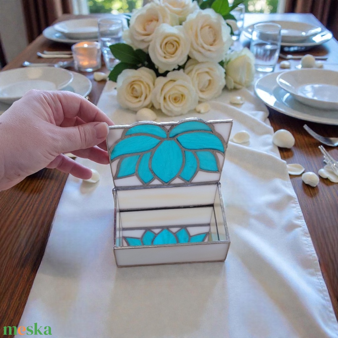 Esküvői pénzátadó doboz - Türkiz lótusz - esküvő - emlék & ajándék - nászajándék - esküvői pénzátadó doboz - Meska.hu