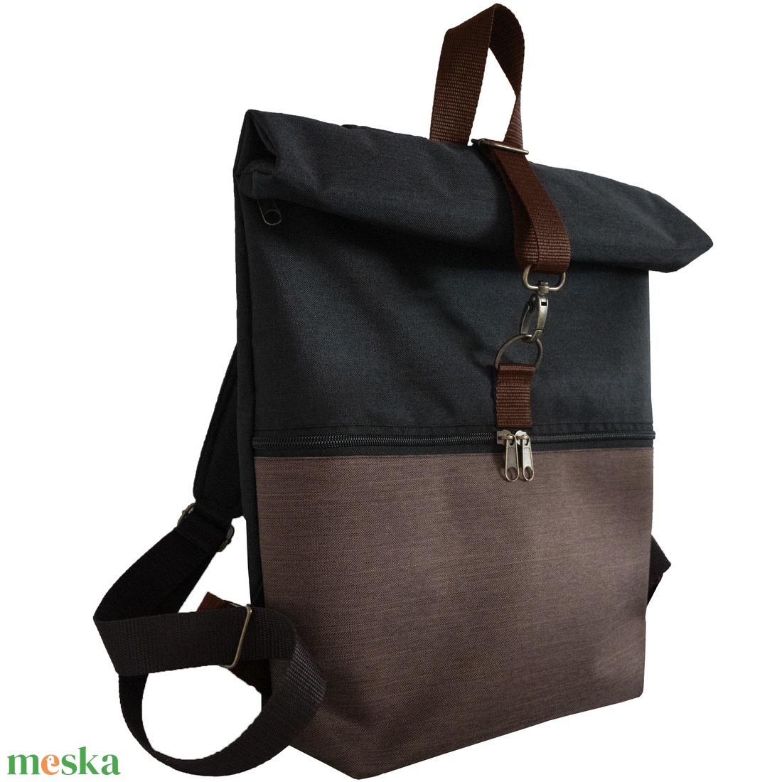 BASIC víz- és kopásálló barna és fekete roll top hátizsák - táska & tok - hátizsák - hátizsák - Meska.hu