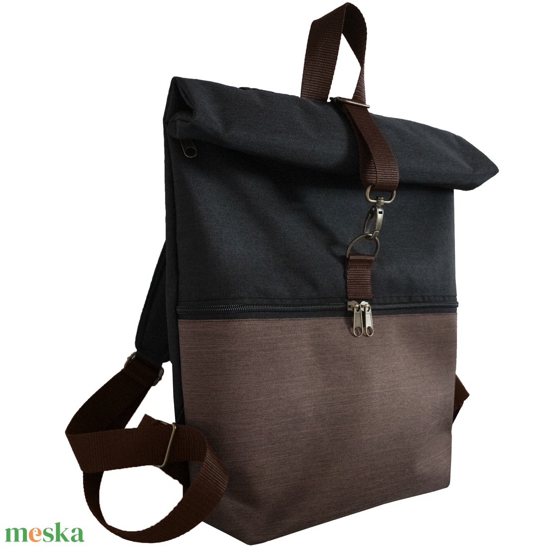 BASIC víz- és kopásálló barna és fekete roll top hátizsák - táska & tok - hátizsák - hátizsák - Meska.hu