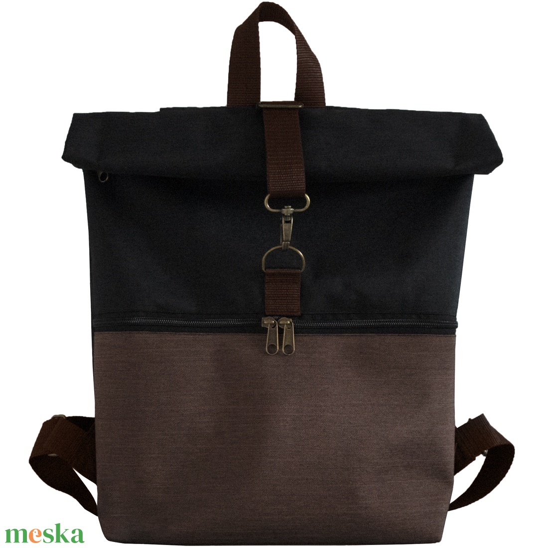 BASIC víz- és kopásálló barna és fekete roll top hátizsák - táska & tok - hátizsák - hátizsák - Meska.hu
