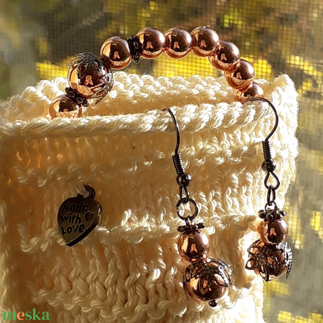 Hematit ékszerszett  karkötő + fülbevaló + medál - Rosegold Hercegnő - ékszer - ékszerszett - Meska.hu