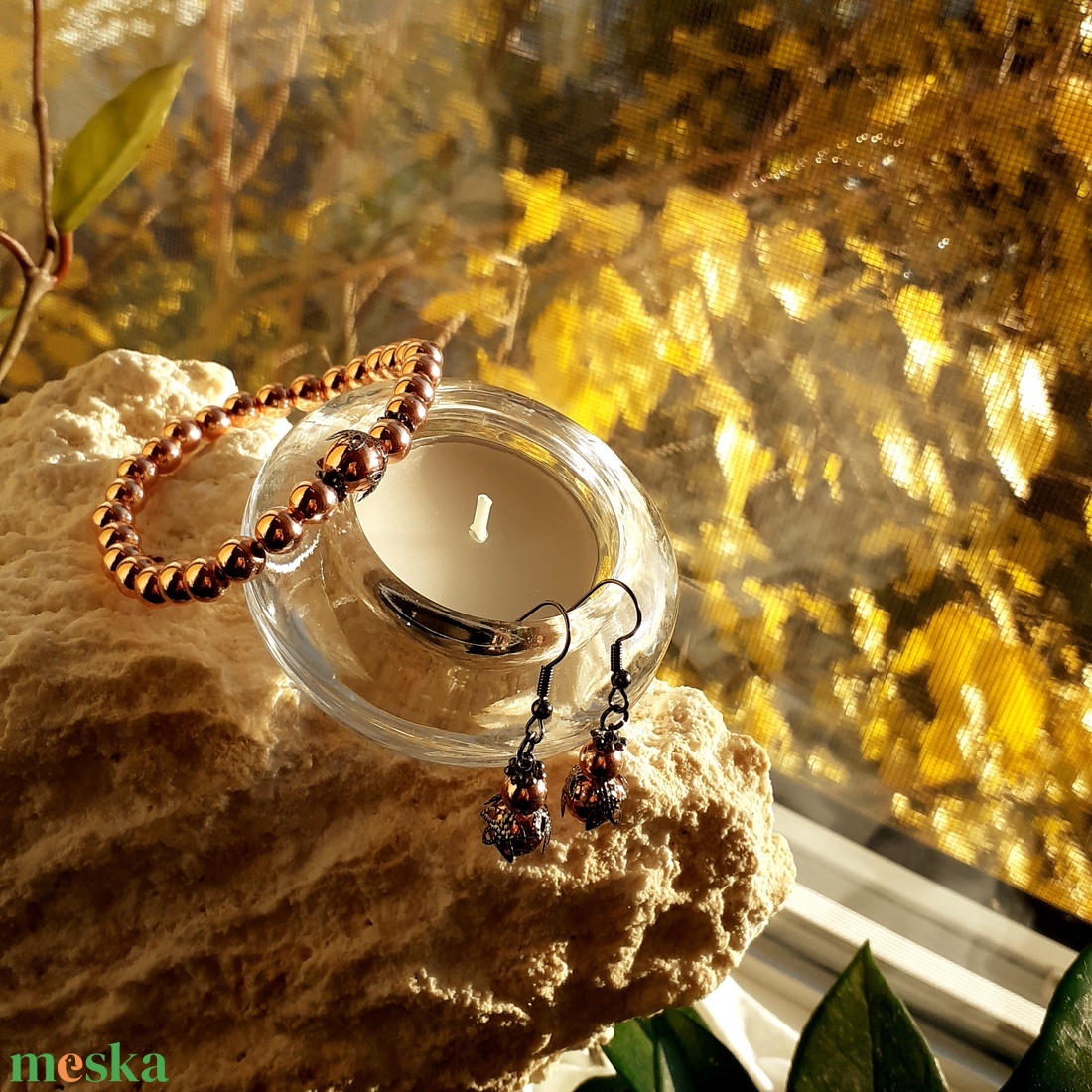 Hematit ékszerszett  karkötő + fülbevaló + medál - Rosegold Hercegnő - ékszer - ékszerszett - Meska.hu