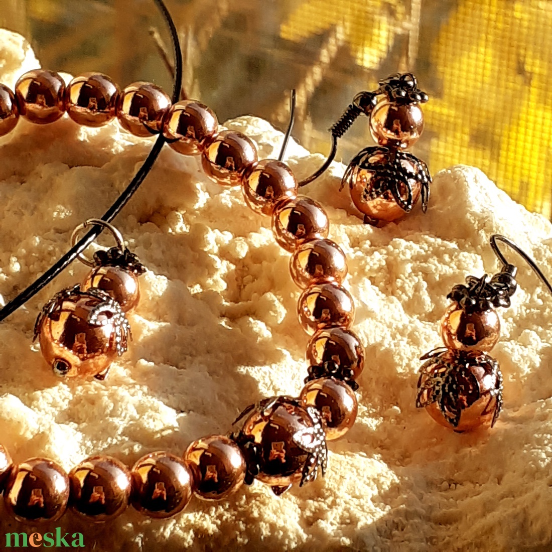 Hematit ékszerszett  karkötő + fülbevaló + medál - Rosegold Hercegnő - ékszer - ékszerszett - Meska.hu