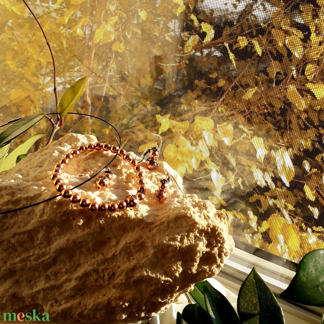 Hematit ékszerszett  karkötő + fülbevaló + medál - Rosegold Hercegnő - ékszer - ékszerszett - Meska.hu