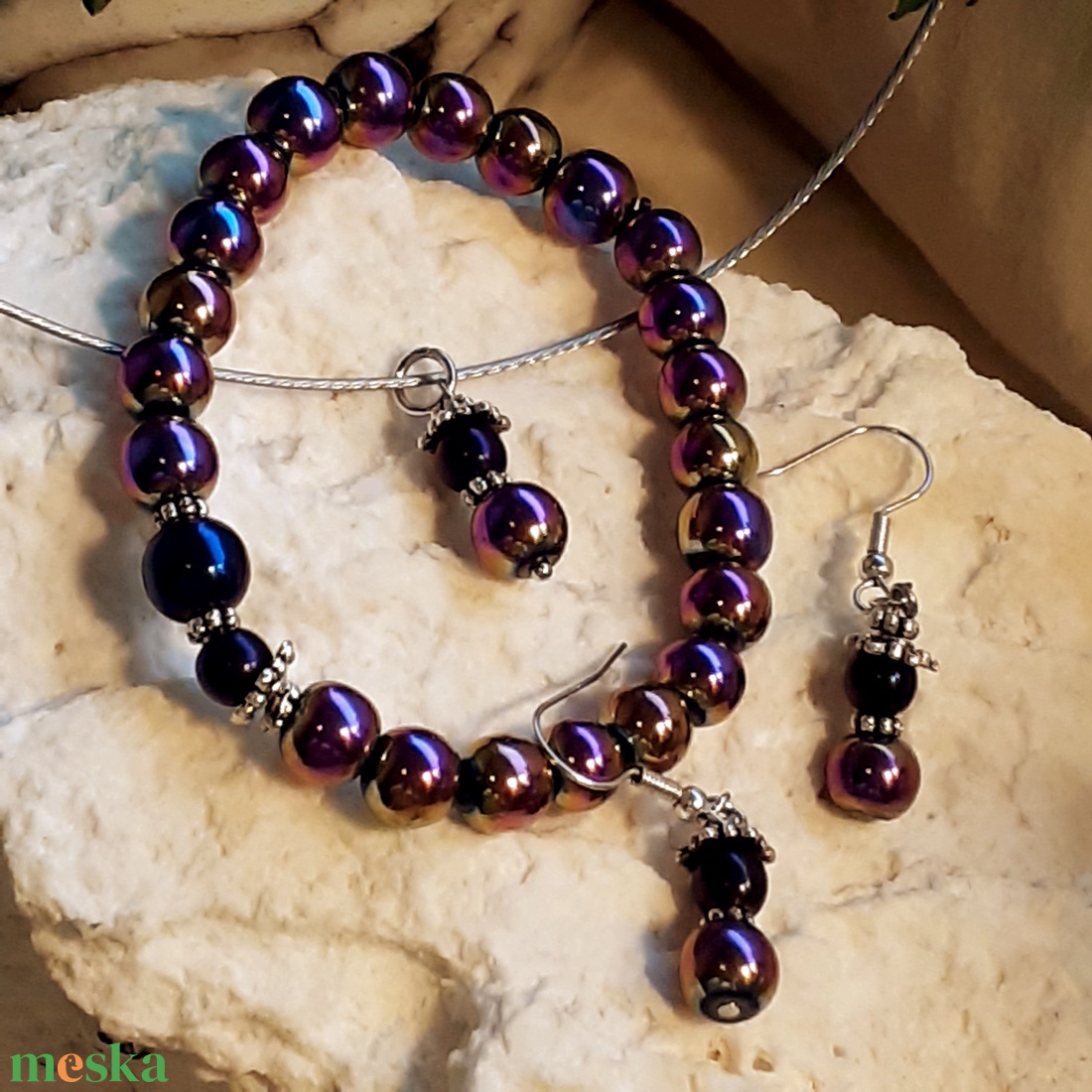 Hematit ékszerszett - karkötő + fülbevaló + medál - Szivárvány Kisasszony - ékszer - ékszerszett - Meska.hu