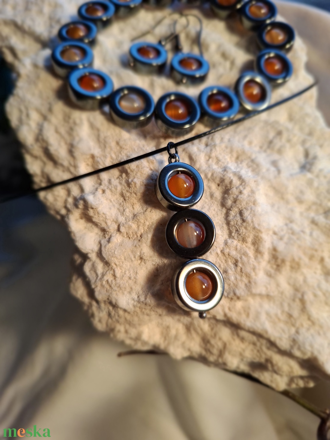 Hematit�Karneol ékszerszett - Parázsmag (karkötő + fülbevaló + medál) - ékszer - ékszerszett - Meska.hu