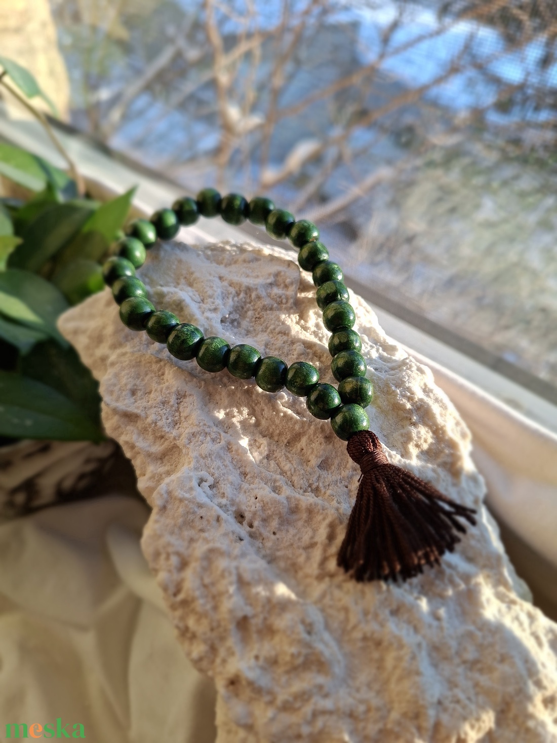 27 szemes fa mala karkötő � Sötétzöld színű (10mm) - otthon & életmód - dekoráció - spiritualitás - mala - Meska.hu