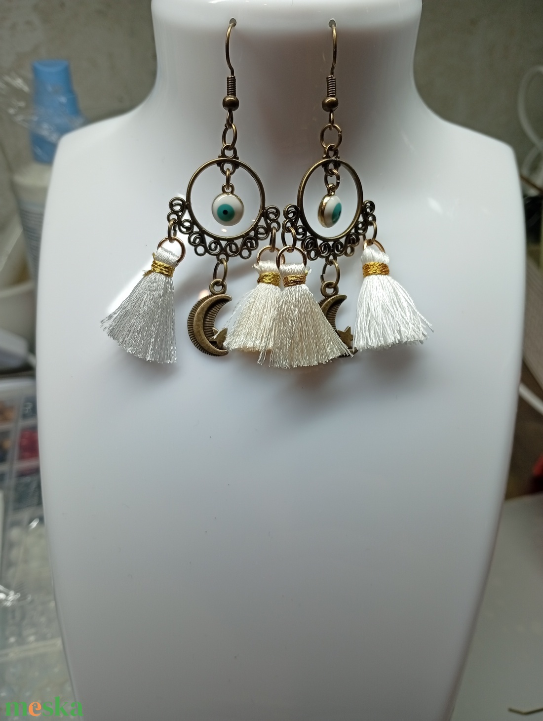 Boho fülbevaló evil eye-al  - ékszer - fülbevaló - csillár fülbevaló - Meska.hu