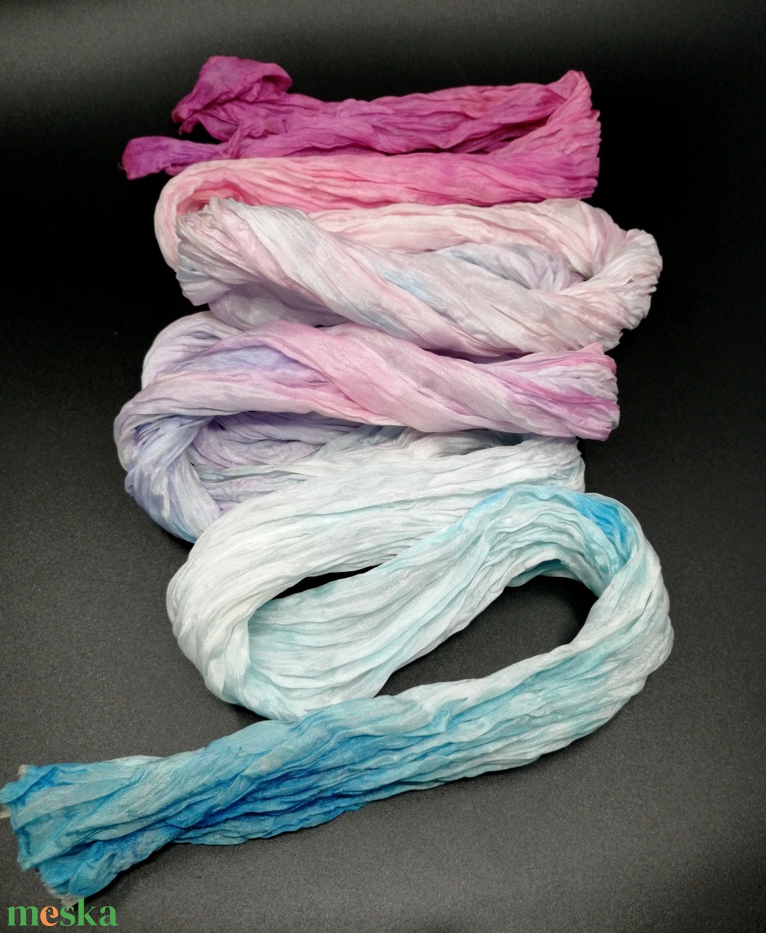 Pasztell kék rózsaszín ráncos gyűrt hosszú selyem sál - ruha & divat - sál, sapka, kendő - kendő - Meska.hu