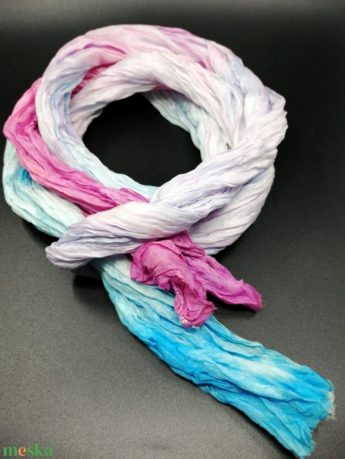 Pasztell kék rózsaszín ráncos gyűrt hosszú selyem sál - ruha & divat - sál, sapka, kendő - kendő - Meska.hu