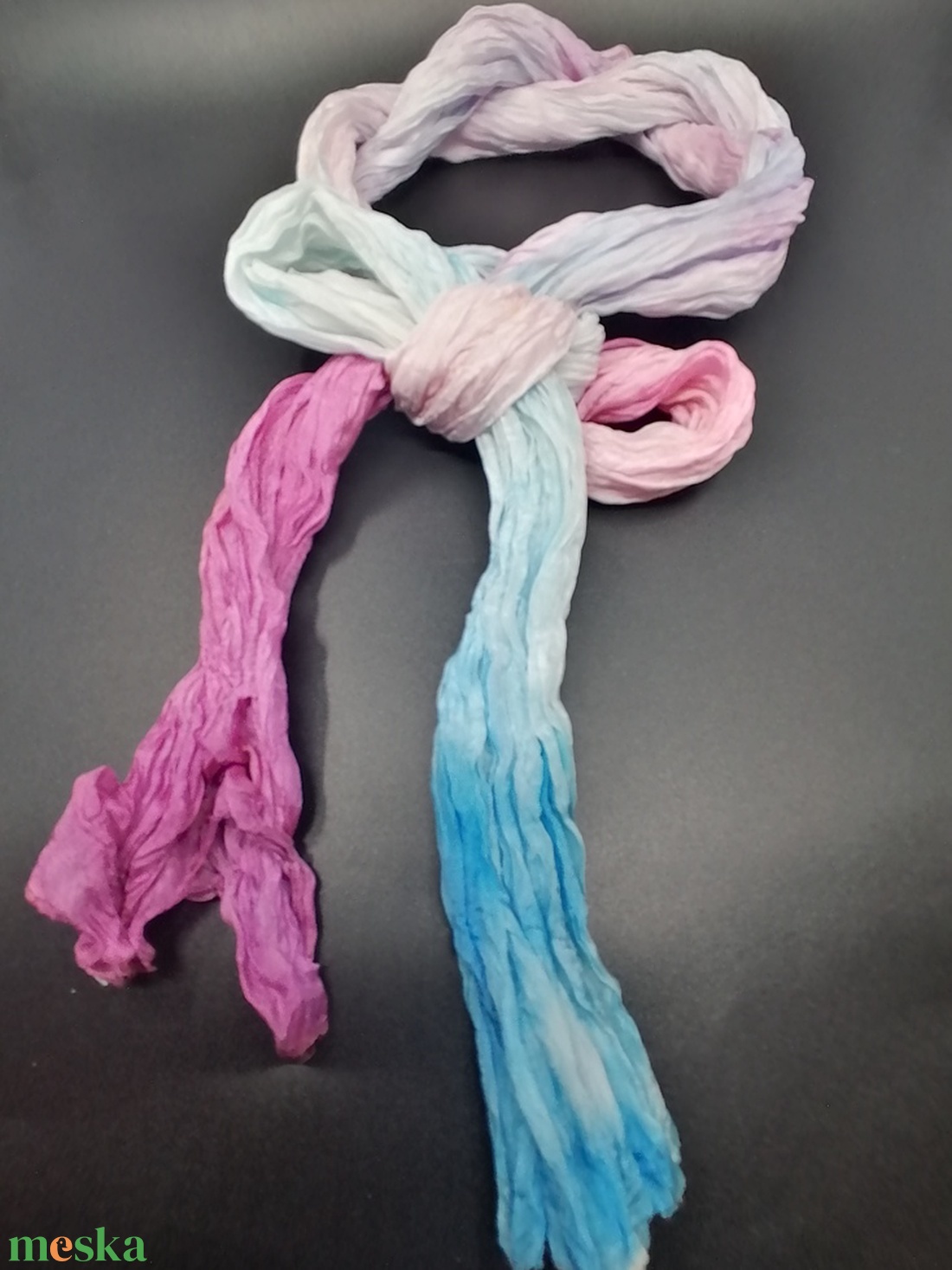 Pasztell kék rózsaszín ráncos gyűrt hosszú selyem sál - ruha & divat - sál, sapka, kendő - kendő - Meska.hu