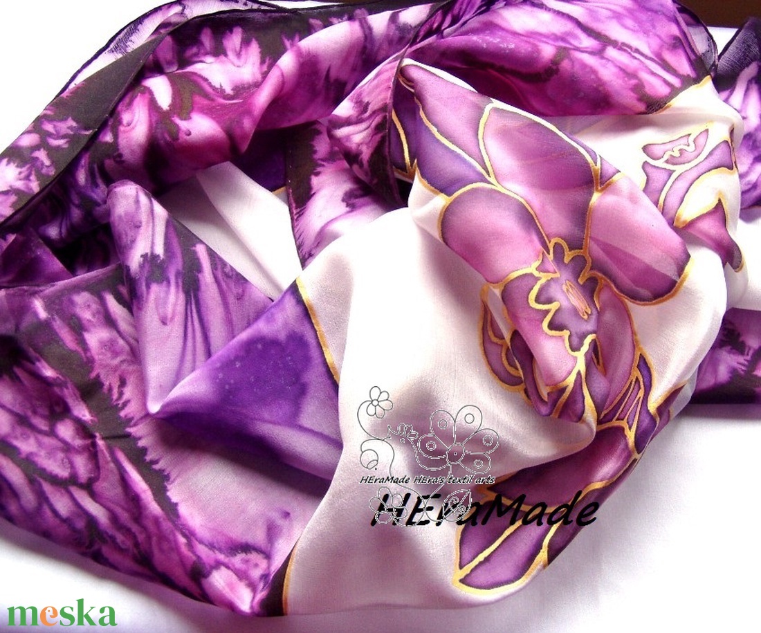 Orchidea hernyóselyem kendő kézzel festett - ruha & divat - sál, sapka, kendő - kendő - Meska.hu