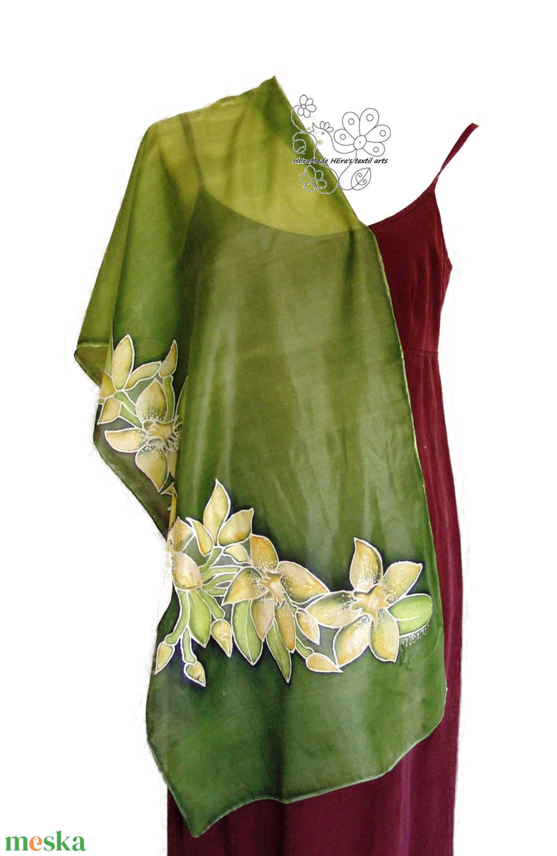 Orchideák selyem sál zöldben kézzel festett valódi selyem stóla színes háttérrel - ruha & divat - sál, sapka, kendő - sál - Meska.hu