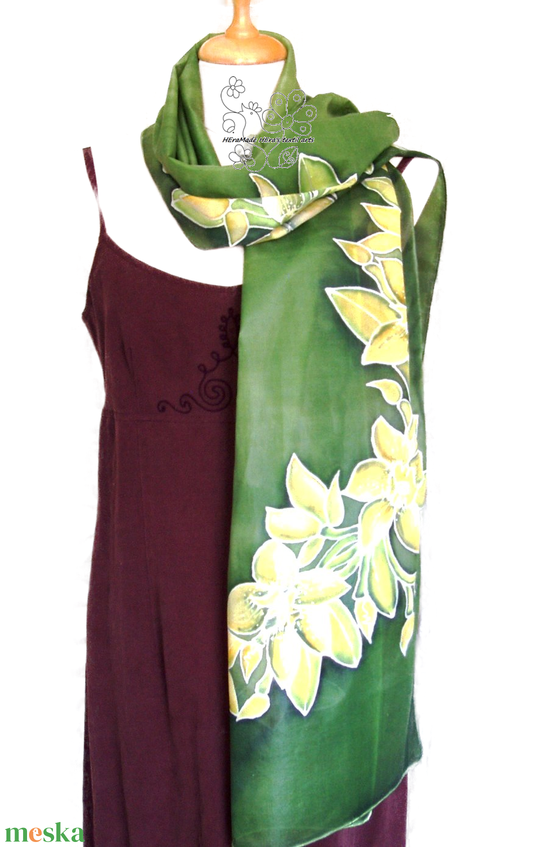 Orchideák selyem sál zöldben kézzel festett valódi selyem stóla színes háttérrel - ruha & divat - sál, sapka, kendő - sál - Meska.hu