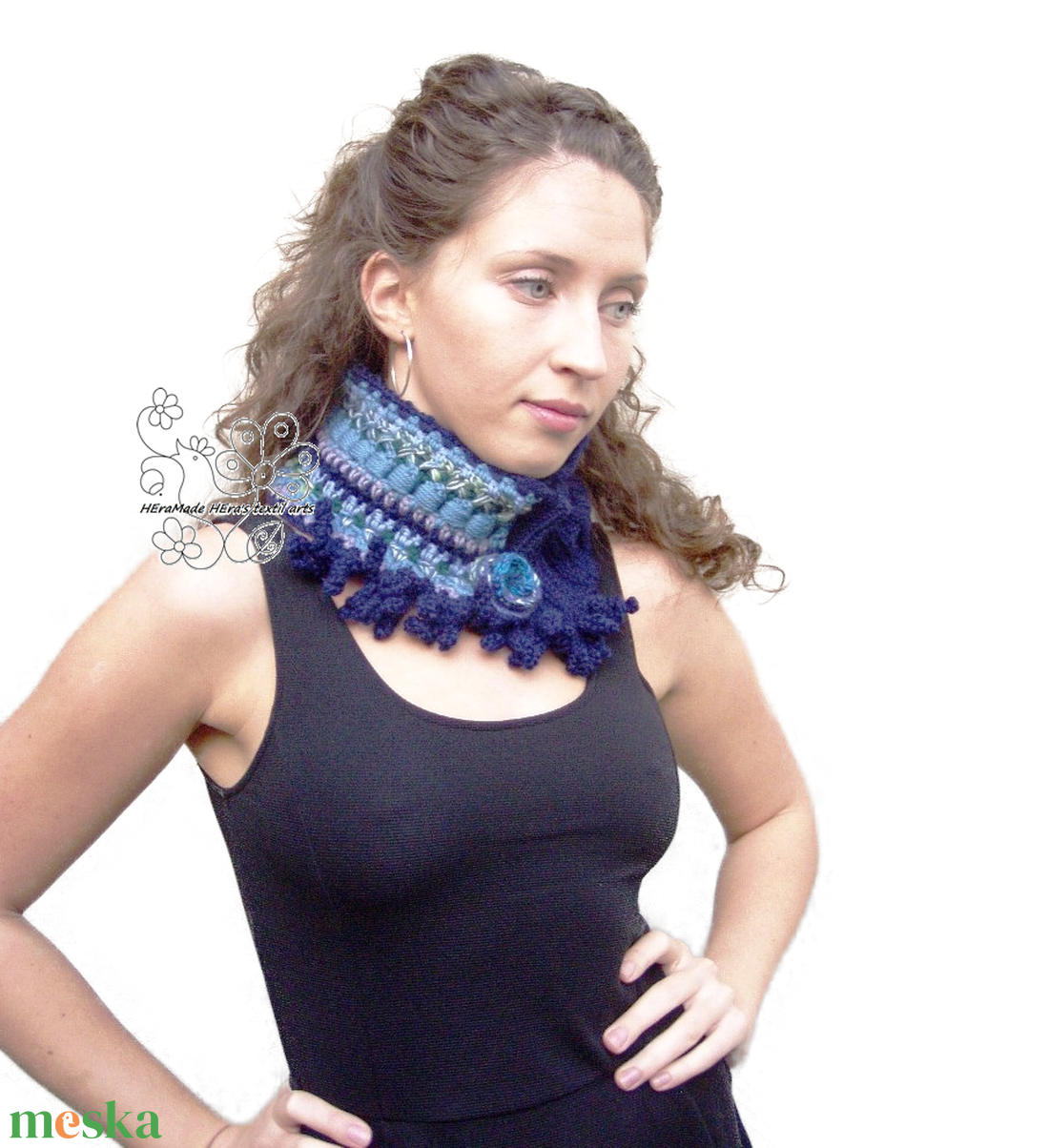 Sötétkék boho körsál kötött horgolt csősál öko gyapjú möbius sál rojtos - ruha & divat - sál, sapka, kendő - sál - Meska.hu