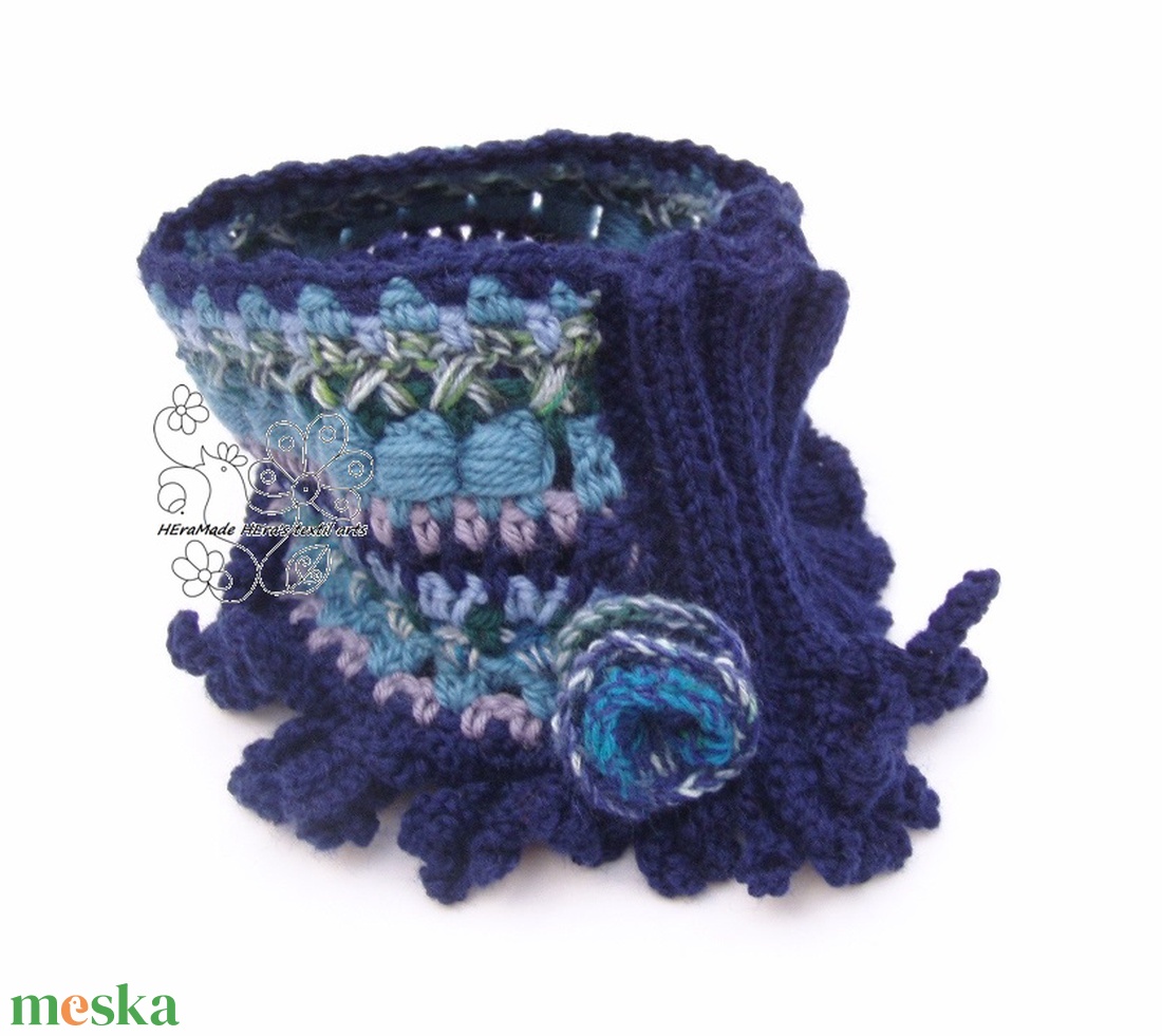 Sötétkék boho körsál kötött horgolt csősál öko gyapjú möbius sál rojtos - ruha & divat - sál, sapka, kendő - sál - Meska.hu