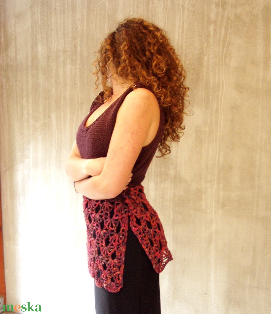 Padlizsán kézzel horgolt kötött mellény tunika kötmény gyapjúból - ruha & divat - női ruha - mellény - Meska.hu