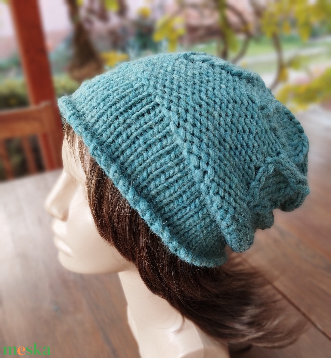 Türkiz leveles vastag oeko-tex gyapjú női sapka kötött laza slouchy - ruha & divat - sál, sapka, kendő - sapka - Meska.hu