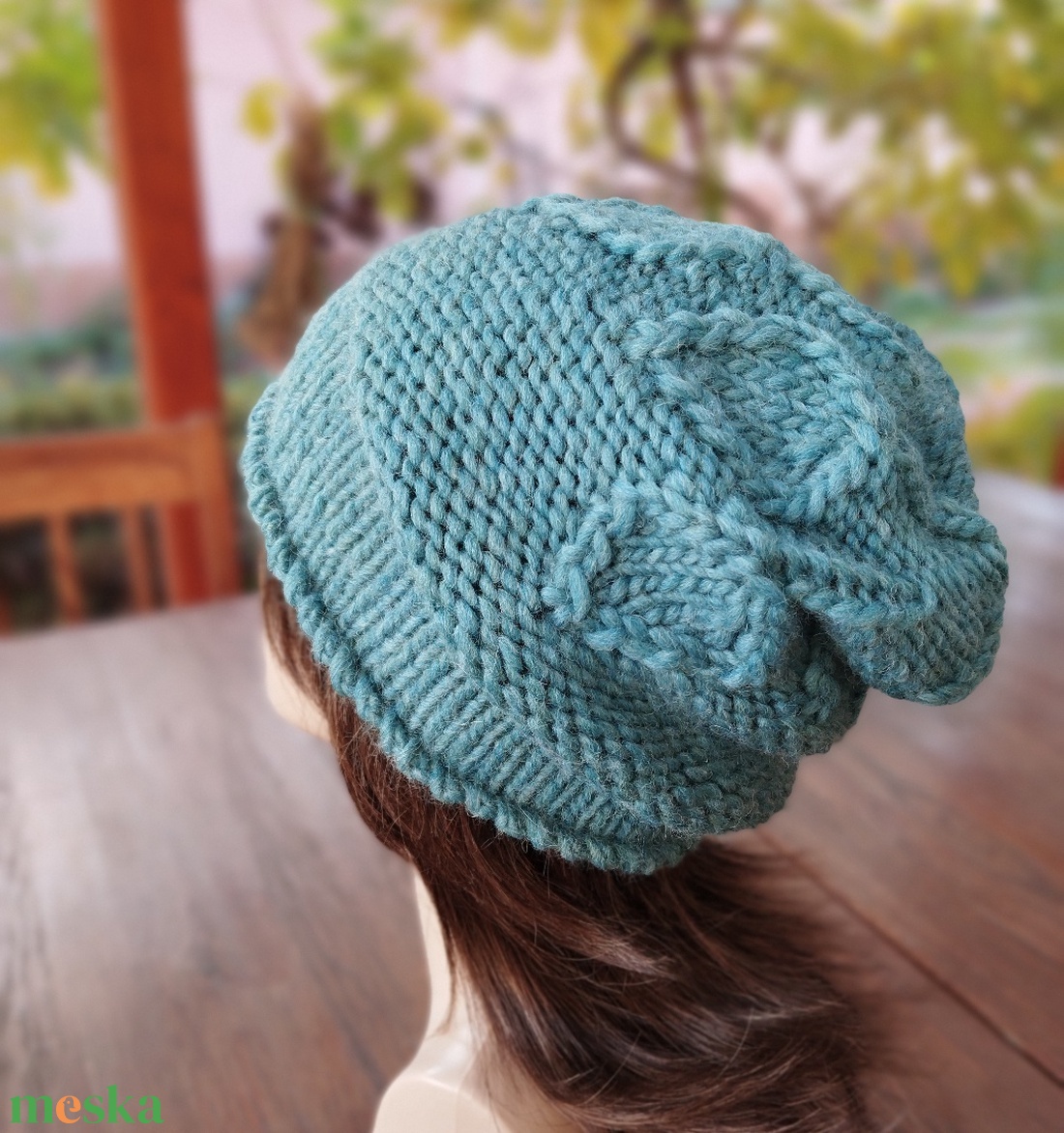 Türkiz leveles vastag oeko-tex gyapjú női sapka kötött laza slouchy - ruha & divat - sál, sapka, kendő - sapka - Meska.hu