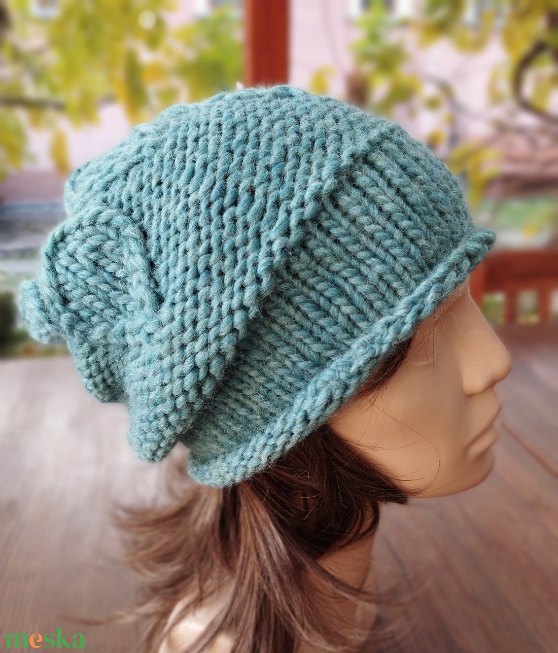 Türkiz leveles vastag oeko-tex gyapjú női sapka kötött laza slouchy - ruha & divat - sál, sapka, kendő - sapka - Meska.hu