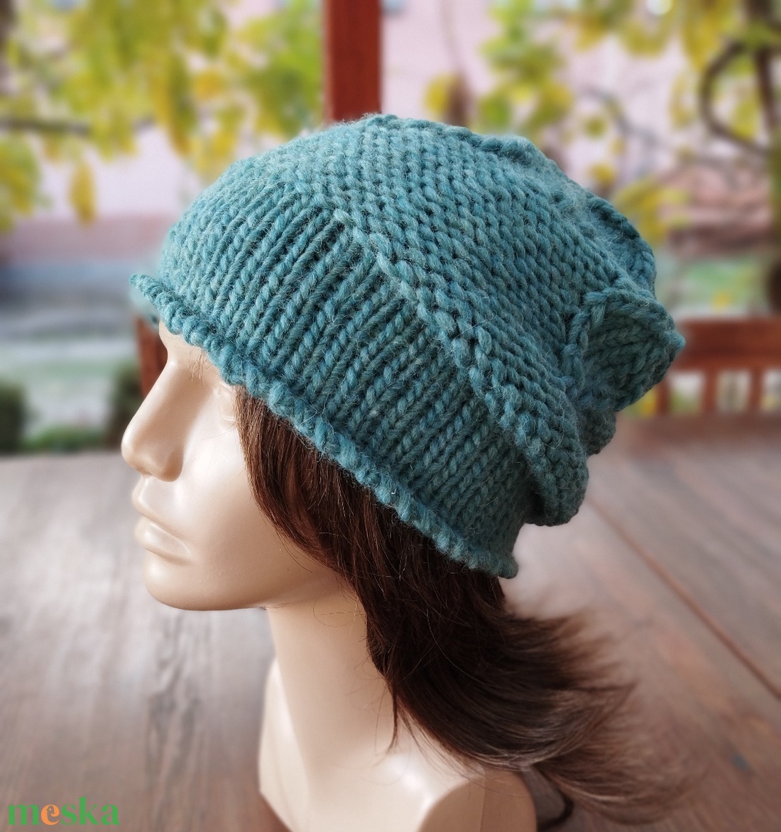 Türkiz leveles vastag oeko-tex gyapjú női sapka kötött laza slouchy - ruha & divat - sál, sapka, kendő - sapka - Meska.hu