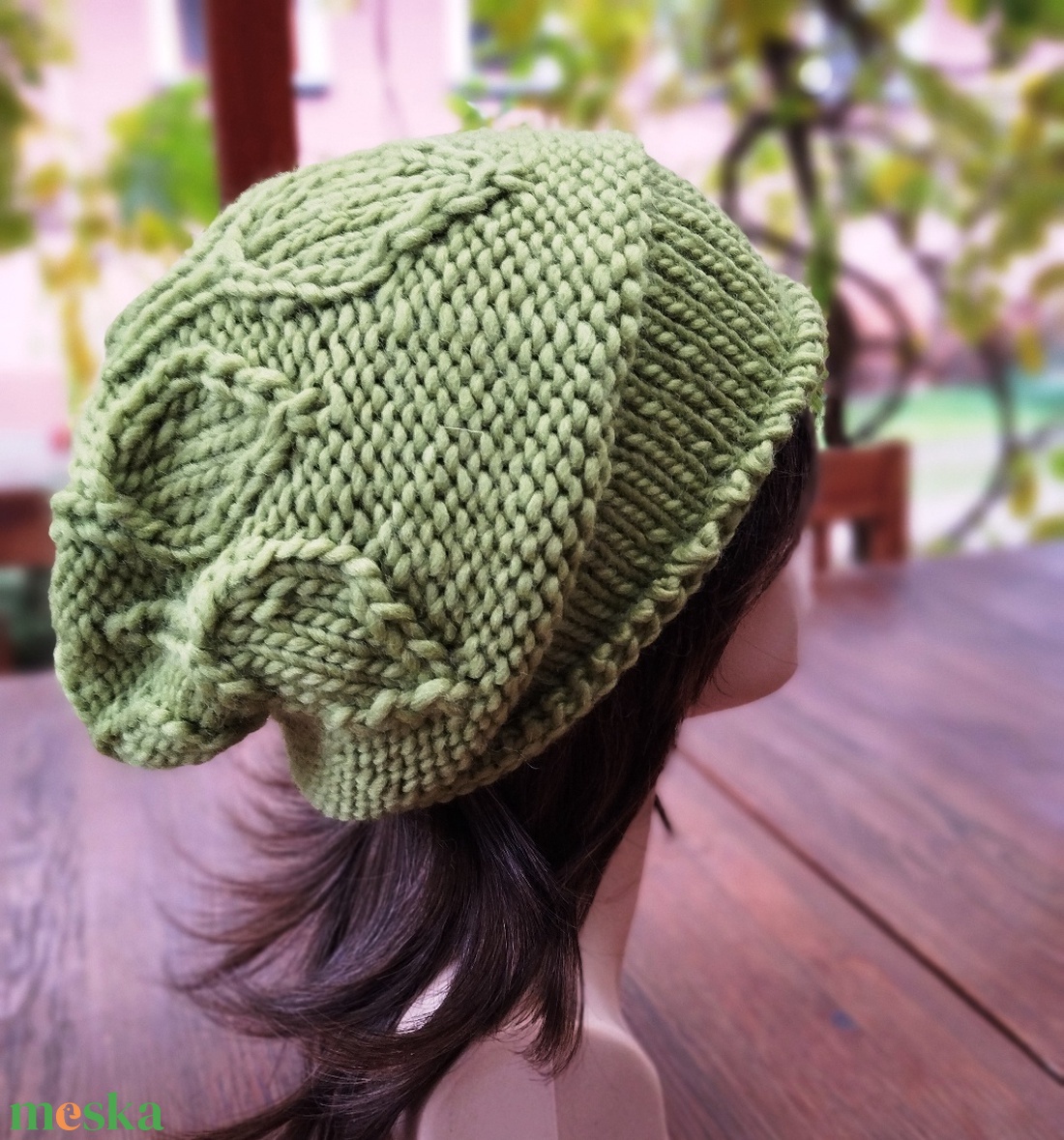Pisztácia leveles vastag öko gyapjú női sapka kötött laza slouchy - ruha & divat - sál, sapka, kendő - sapka - Meska.hu