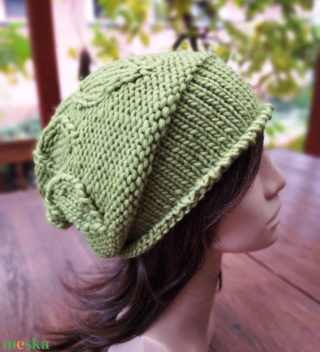 Pisztácia leveles vastag öko gyapjú női sapka kötött laza slouchy - ruha & divat - sál, sapka, kendő - sapka - Meska.hu