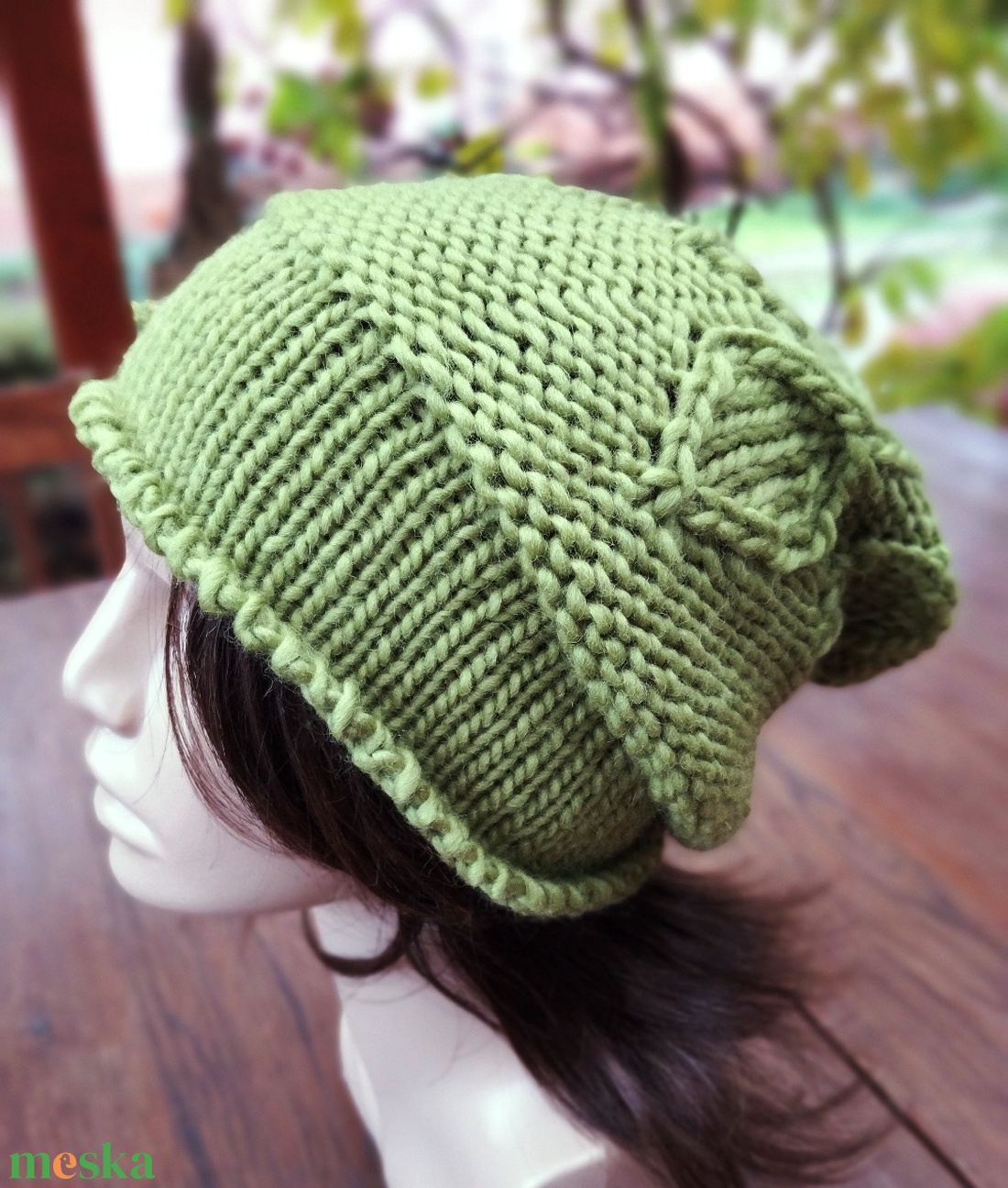 Pisztácia leveles vastag öko gyapjú női sapka kötött laza slouchy - ruha & divat - sál, sapka, kendő - sapka - Meska.hu