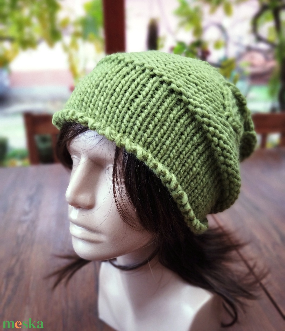 Pisztácia leveles vastag öko gyapjú női sapka kötött laza slouchy - ruha & divat - sál, sapka, kendő - sapka - Meska.hu