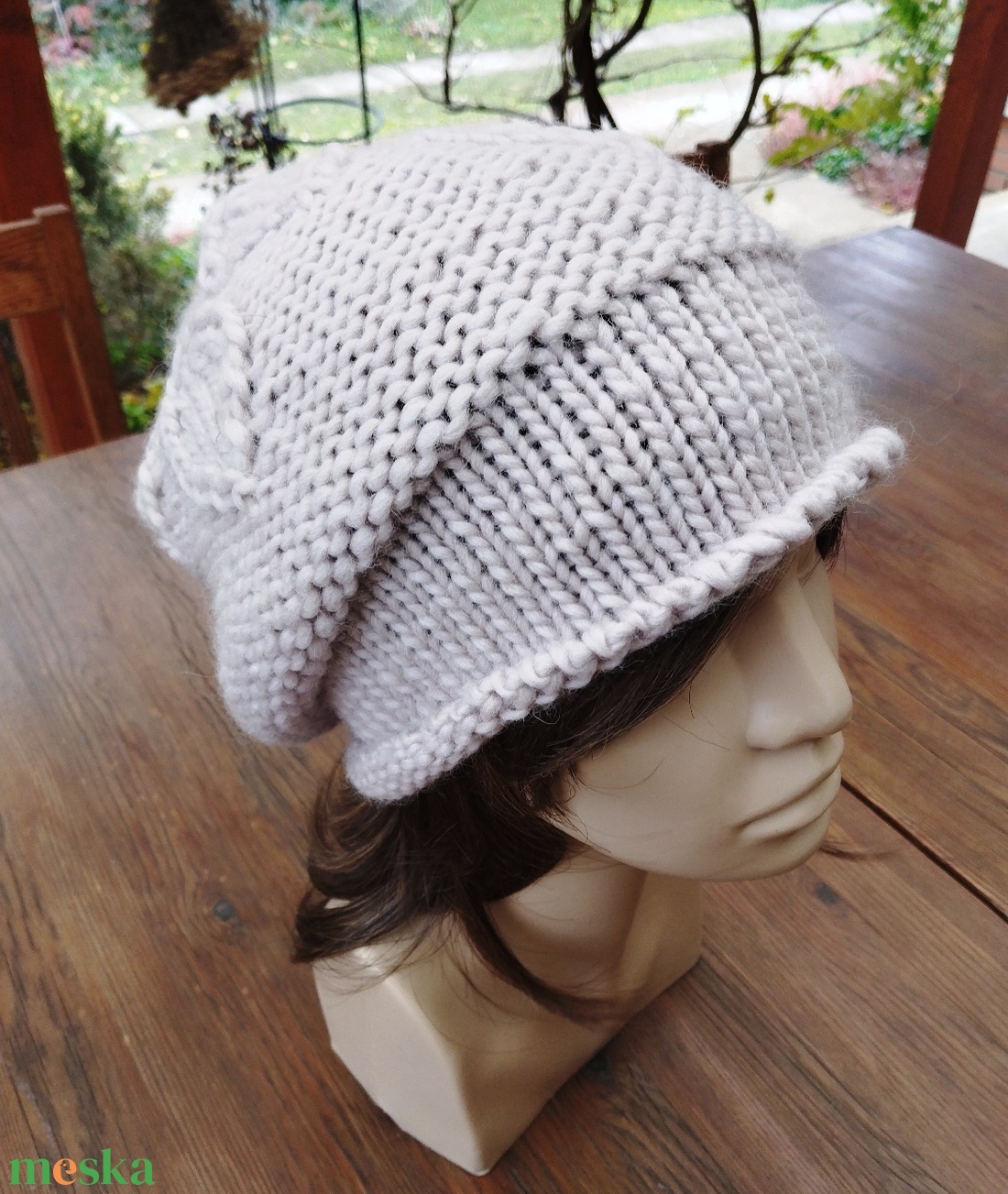 Bézs leveles vastag öko gyapjú női sapka kötött laza slouchy - ruha & divat - sál, sapka, kendő - sapka - Meska.hu