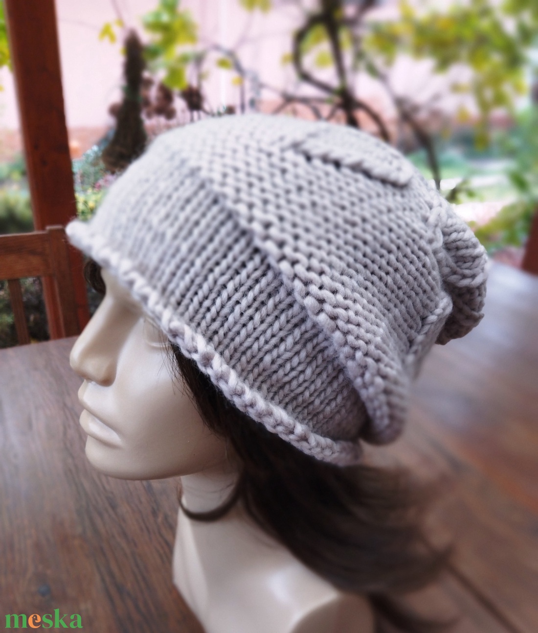 Bézs leveles vastag öko gyapjú női sapka kötött laza slouchy - ruha & divat - sál, sapka, kendő - sapka - Meska.hu