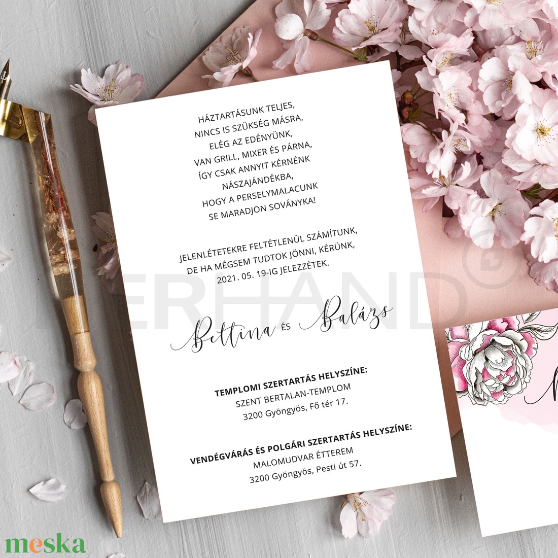 Romantikus pünkösdi rózsás esküvői meghívó, mintázott pauszszalaggal díszítve - esküvő - meghívó & kártya - meghívó - Meska.hu