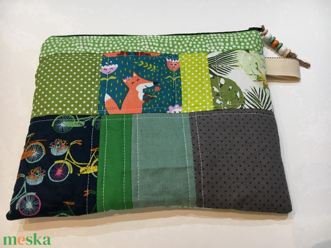  MIXED UP IN GREEN/GREY. Patchwork biciklis-rókás-leveles sminkcucc-tartó/pipere - táska & tok - neszesszer - Meska.hu