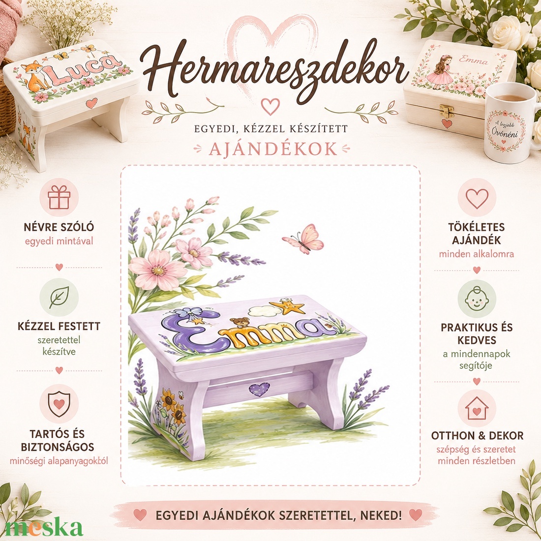 Névre szóló fa gyereksámli � egyedi kézzel festett sámli, keresztelőre és születésnapra - baba - mama - babaszobabútor - gyerek szék, sámli - Meska.hu