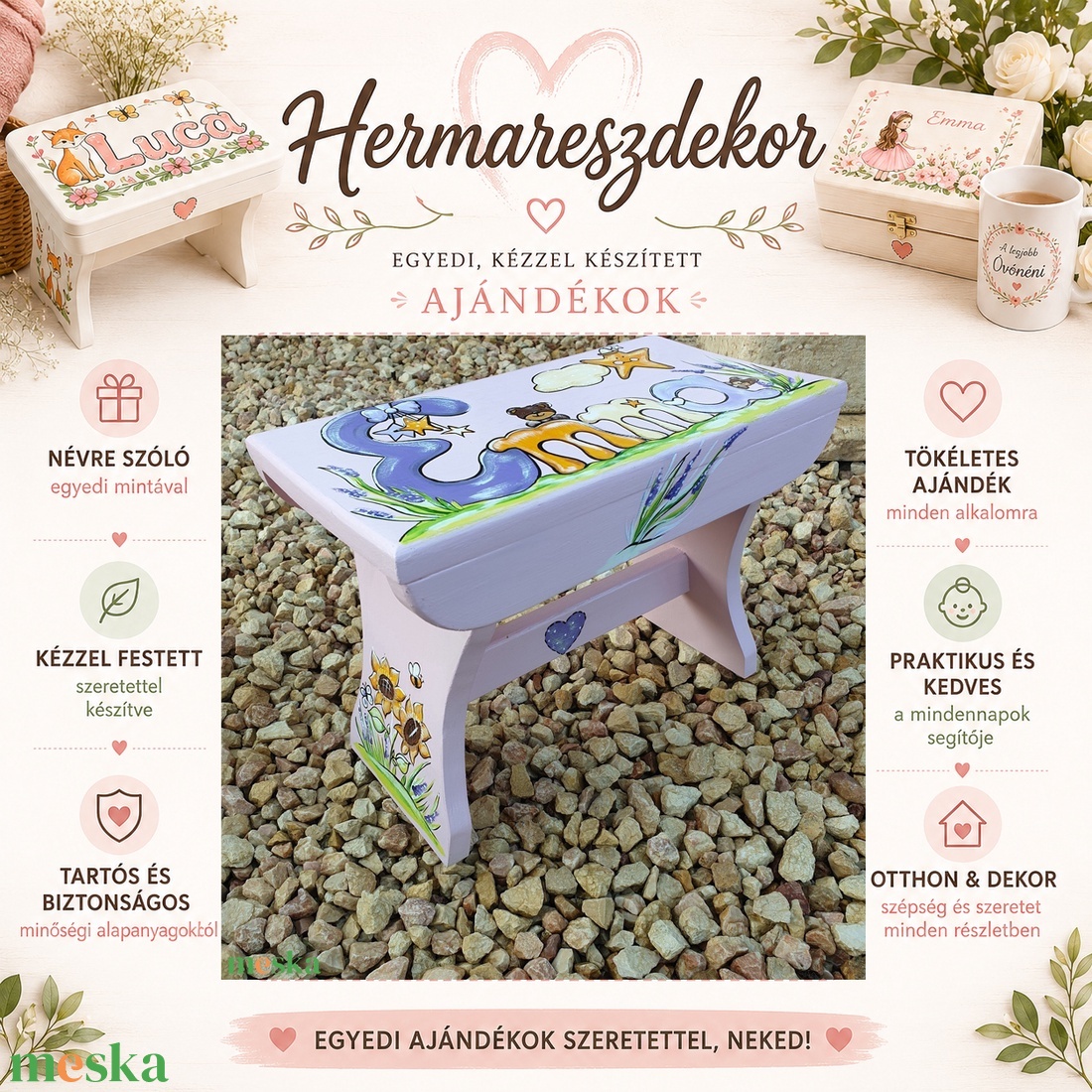 Névre szóló fa gyereksámli � egyedi kézzel festett sámli, keresztelőre és születésnapra - baba - mama - babaszobabútor - gyerek szék, sámli - Meska.hu