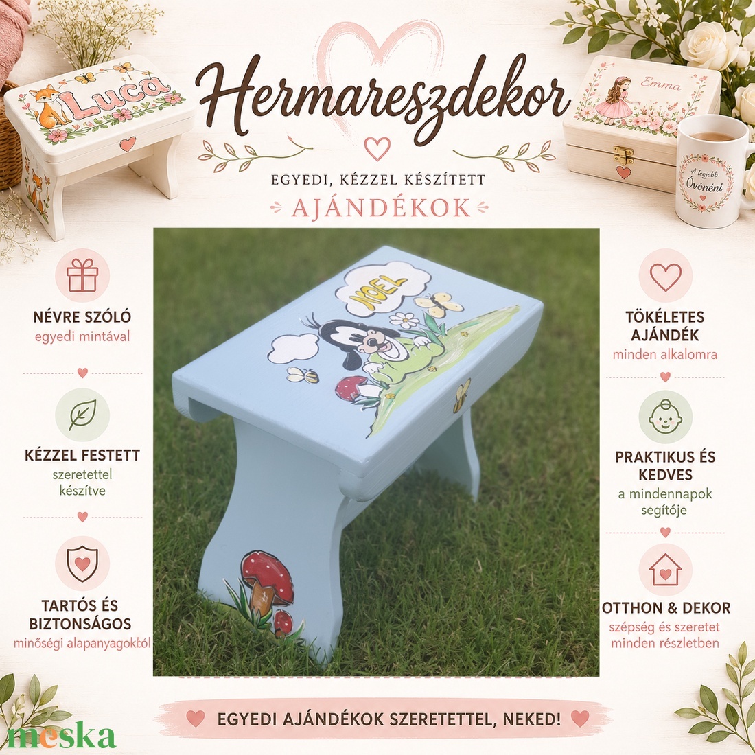 Névre szóló fa gyereksámli � egyedi kézzel festett sámli, keresztelőre és születésnapra - baba - mama - babaszobabútor - gyerek szék, sámli - Meska.hu