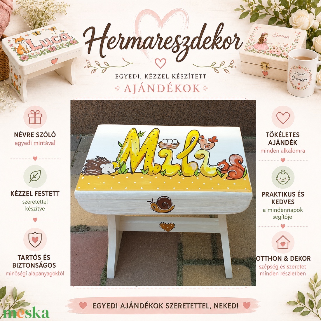  Névre szóló fa gyereksámli � egyedi kézzel festett sámli, keresztelőre és születésnapra - baba - mama - babaszobabútor - gyerek szék, sámli - Meska.hu
