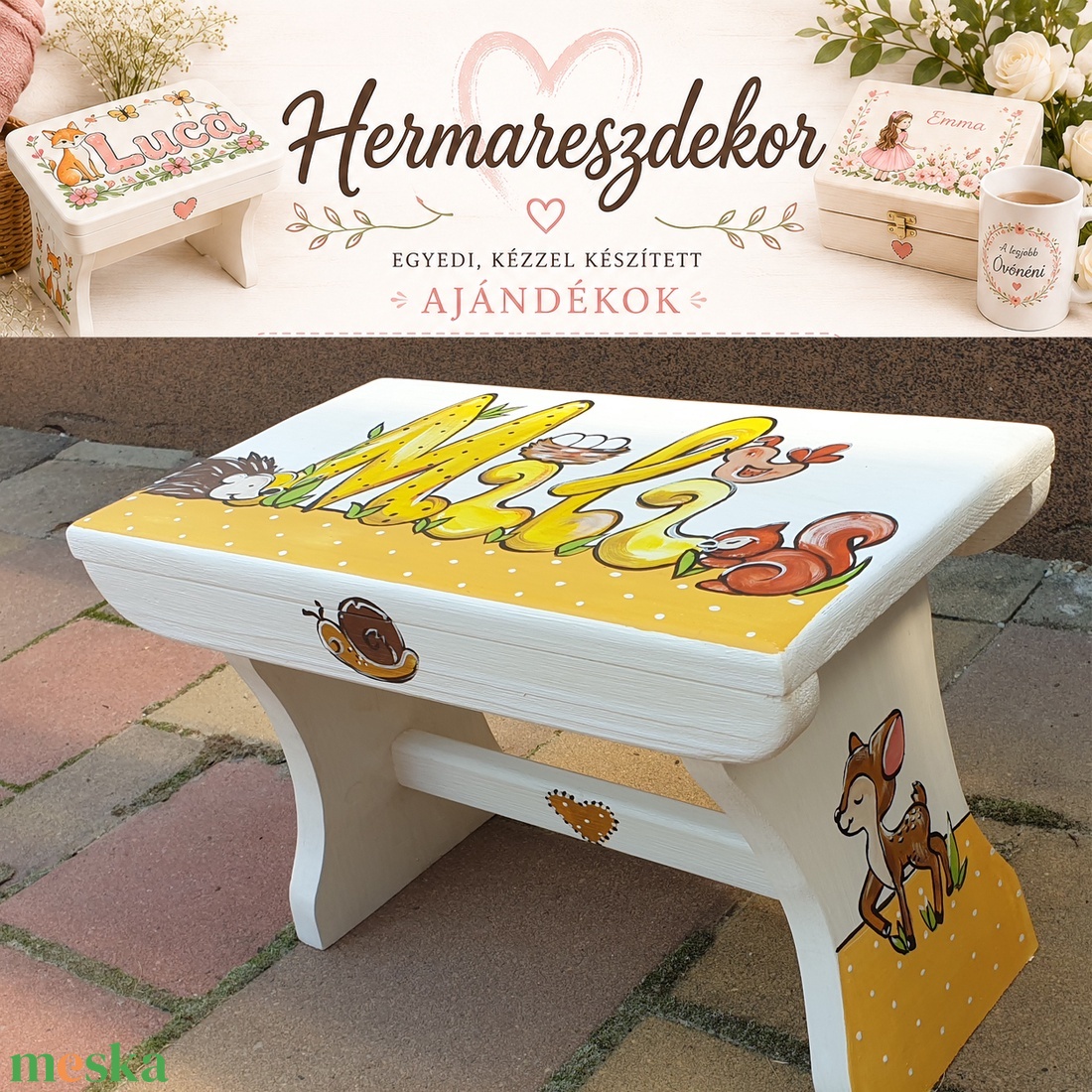  Névre szóló fa gyereksámli � egyedi kézzel festett sámli, keresztelőre és születésnapra - baba - mama - babaszobabútor - gyerek szék, sámli - Meska.hu