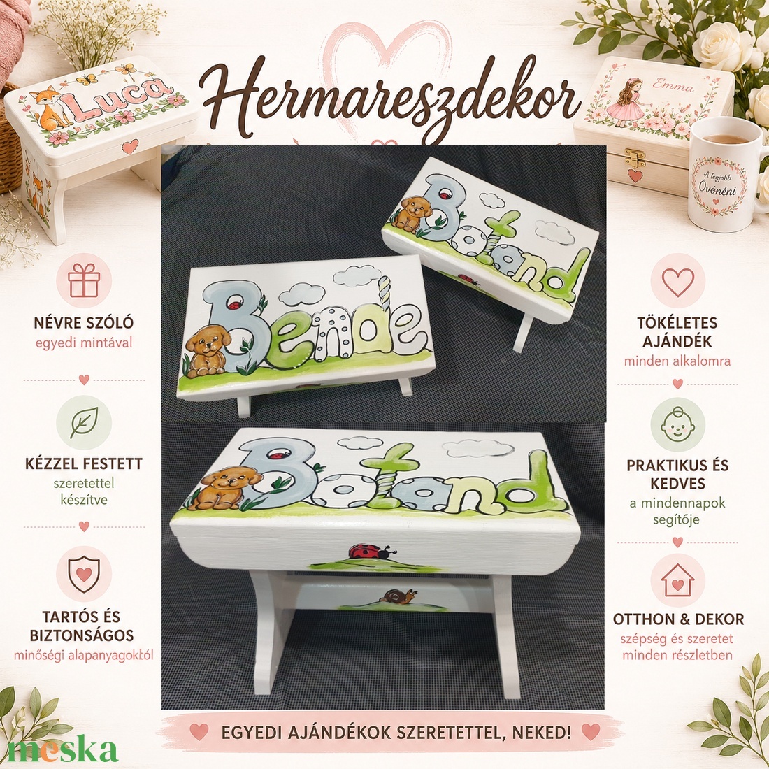 Névre szóló fa gyereksámli � egyedi kézzel festett sámli, keresztelőre és születésnapra - baba - mama - babaszobabútor - gyerek szék, sámli - Meska.hu