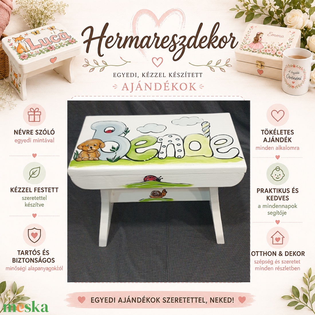 Névre szóló fa gyereksámli � egyedi kézzel festett sámli, keresztelőre és születésnapra - baba - mama - babaszobabútor - gyerek szék, sámli - Meska.hu