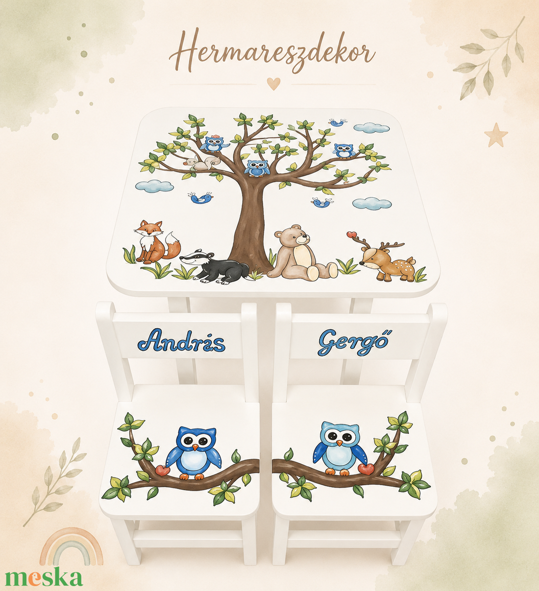 Egyedi gyerek asztal és székek � Egyedi grafikával � Névre szóló kivitel �� Ajándék születésnapra  - baba - mama - babaszobabútor - gyerek asztal székkel - Meska.hu