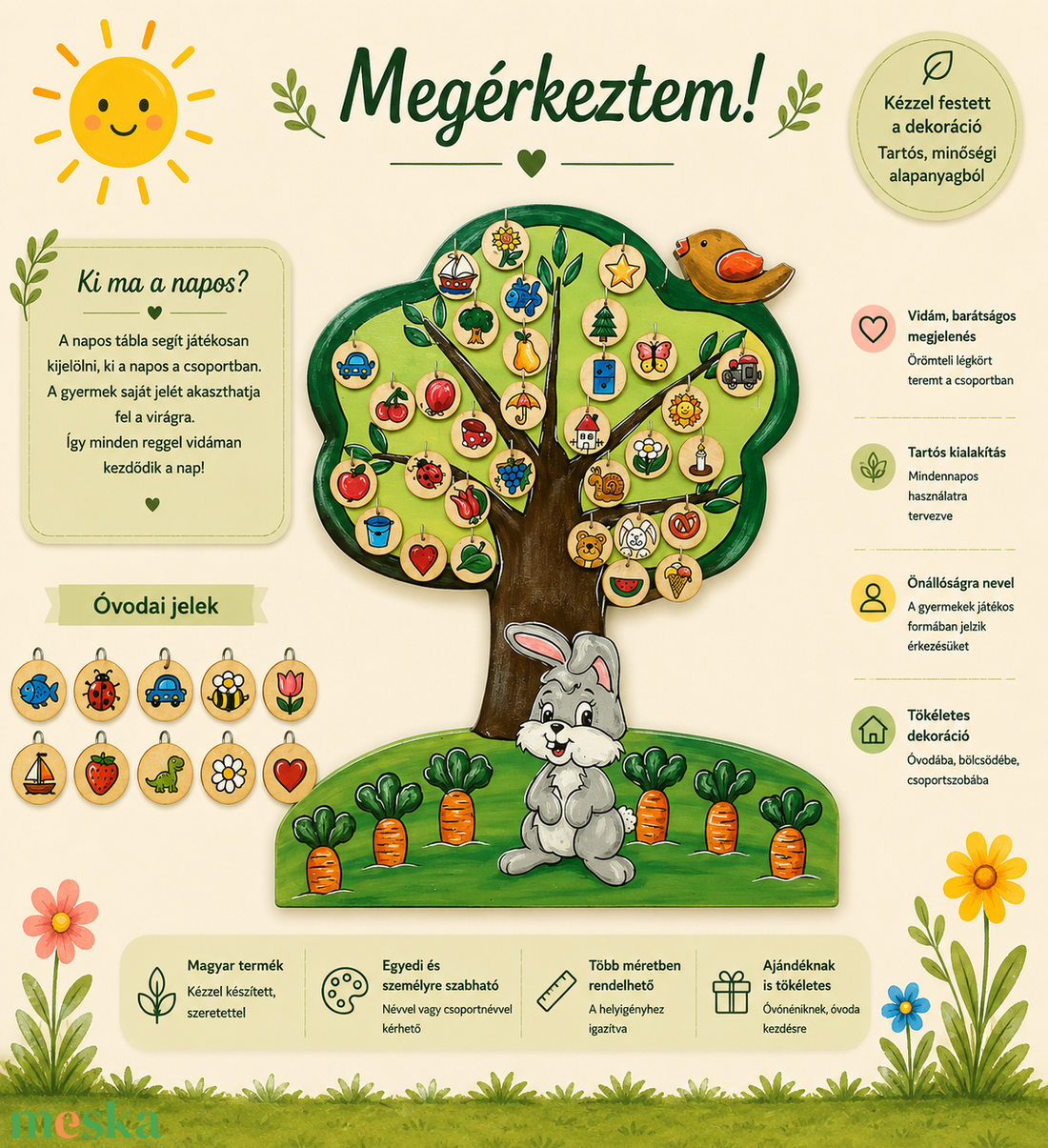 � Megérkeztem tábla � egyedi, kézzel festett óvodai dekoráció - játék & sport - ovis felszerelés - egyéb ovis kiegészítő - Meska.hu